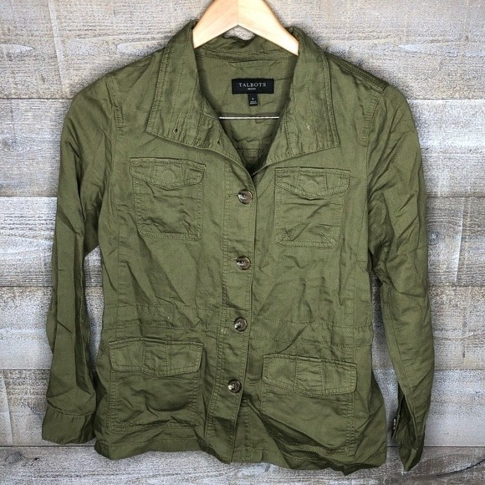 Talbots P linen blend petite army green button up lightweight jacket